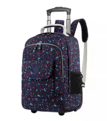 navy blue rolling backpack with multicolor floral print, telescopic handle, front pocket, and side mesh pouch