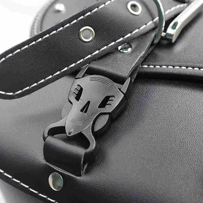 Black faux leather bag with white stitching and a wolf-shaped clasp buckle detail