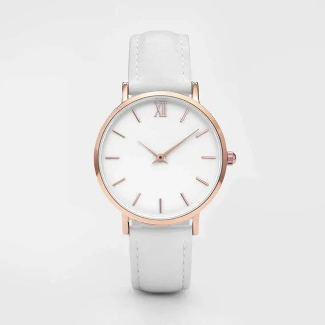 Minimalist white wristwatch with rose gold case and white leather strap on plain background