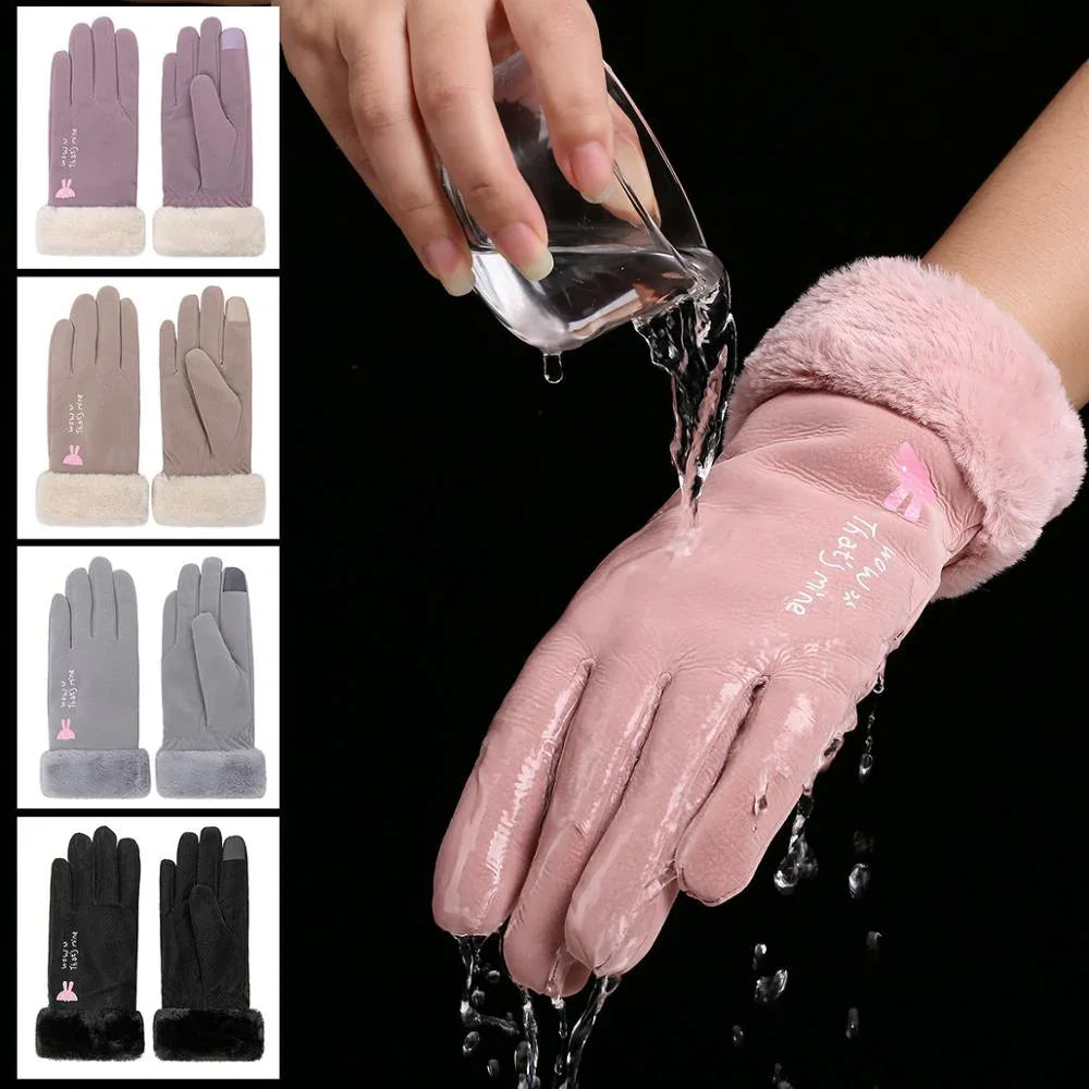 Waterproof pink winter gloves with soft fur cuffs, shown pouring water to demonstrate water resistance, available in multiple colors