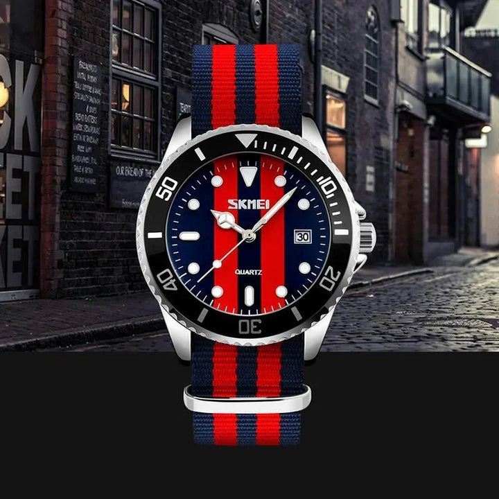 SKMEI quartz watch with black and red striped nylon band and date display on urban street background