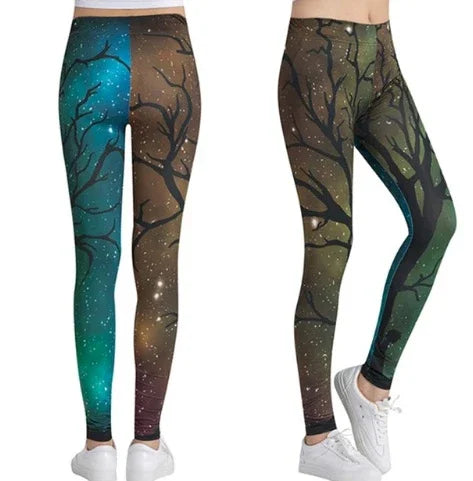 Women wearing galaxy-themed leggings featuring tree branch patterns and starry night sky print