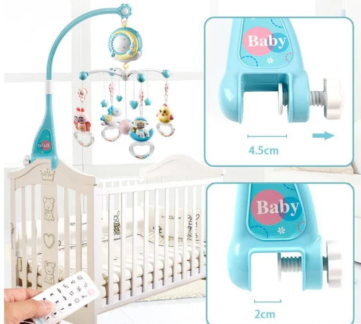 Blue baby crib mobile with musical toys and remote control, adjustable clamp for crib attachment