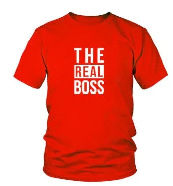 Red t-shirt with white text saying The Real Boss in bold letters