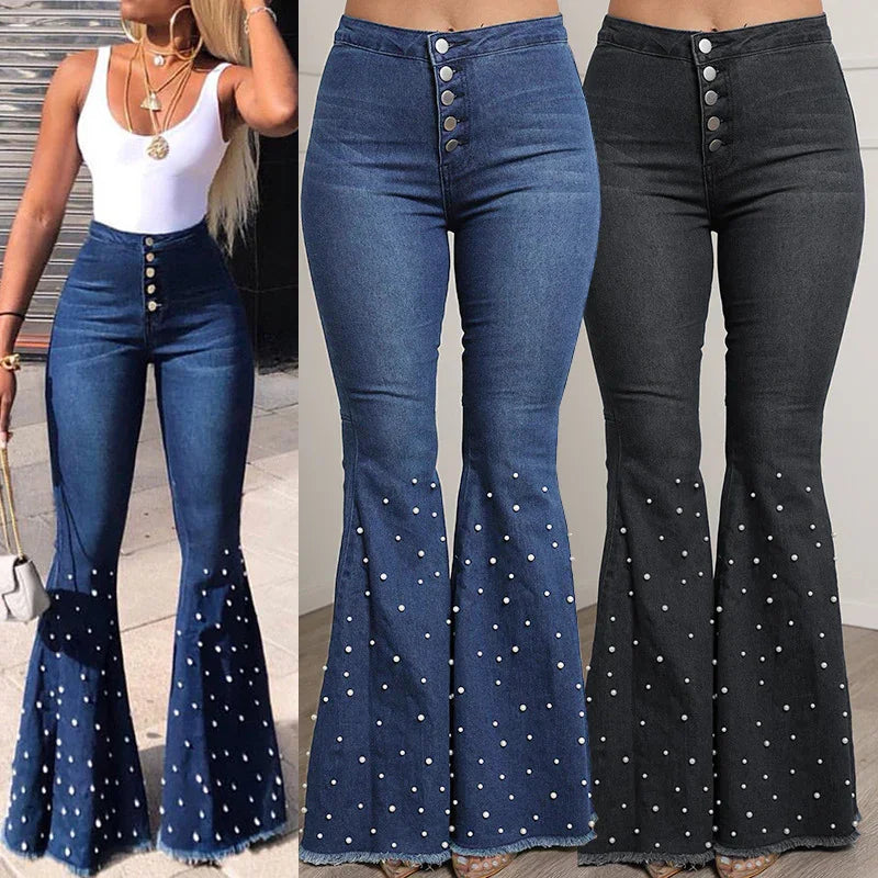 High-waisted flared jeans with pearl embellishments in blue and black, styled with white tank top