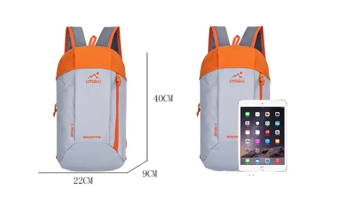 Light grey and orange sports backpack with dimensions 40x22x9 cm shown beside a tablet