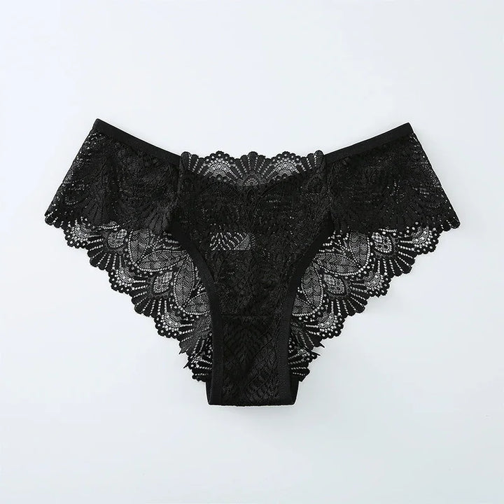 Black lace women's underwear with floral pattern and scalloped edges on white background
