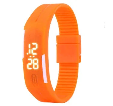 Orange digital LED sports wristband watch with flexible silicone strap