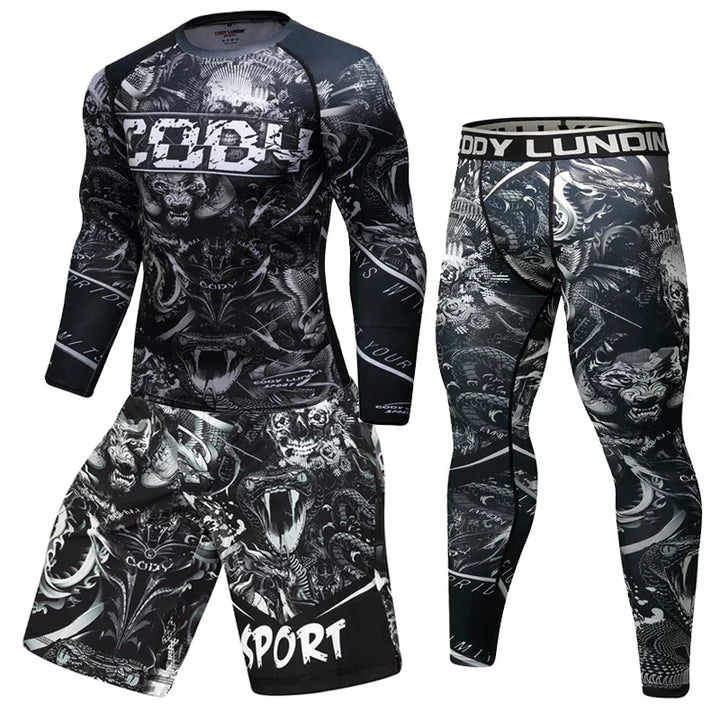 Black and gray men’s sportswear set with aggressive animal and dragon patterns, long sleeve shirt, shorts, and leggings