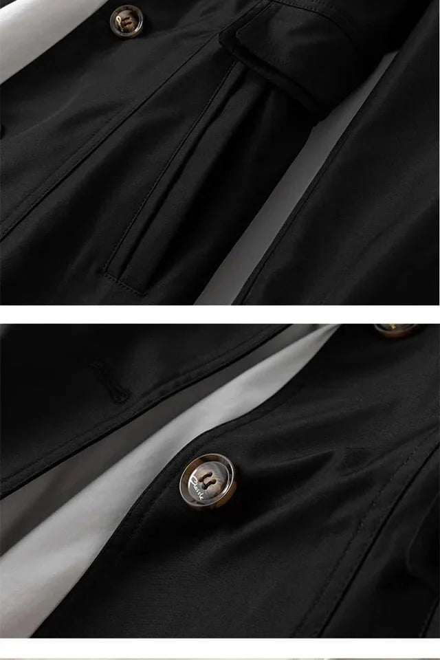 Close-up of black coat details including button and pocket stitching on smooth fabric