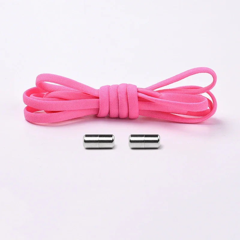 Pink elastic shoelace with silver metal aglets on a white background
