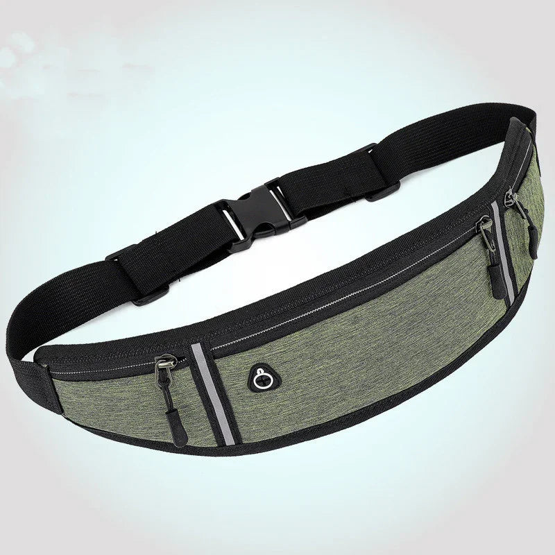 Green adjustable waist bag with black zipper pockets and reflective stripes for outdoor activities