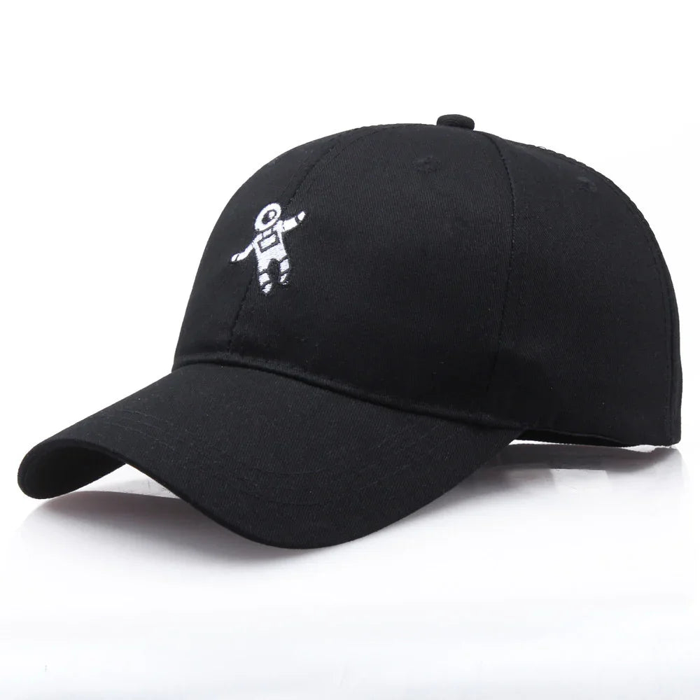 Black baseball cap with small white embroidered astronaut logo on front