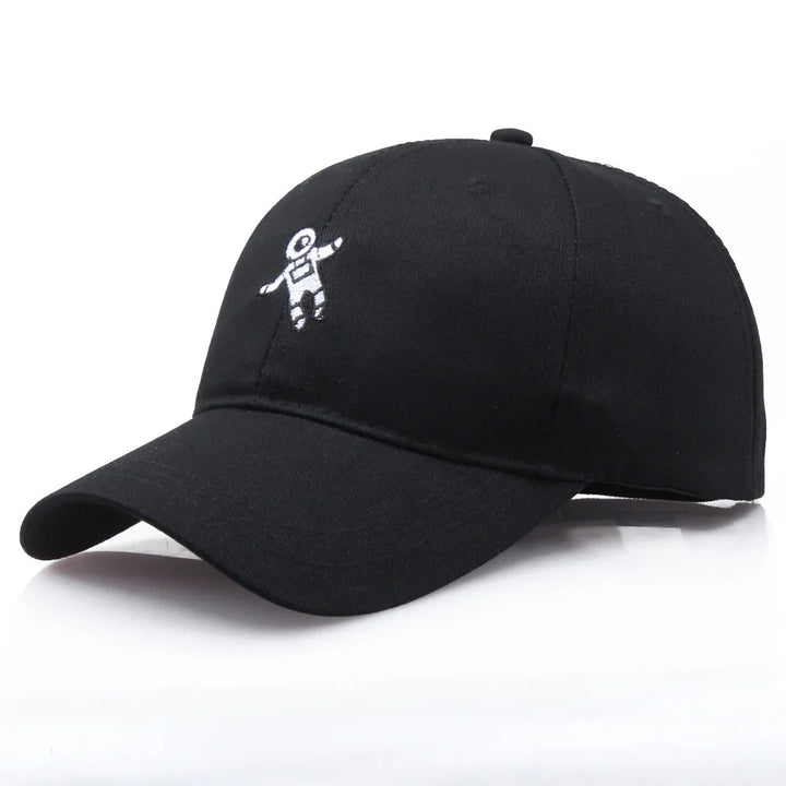 Black baseball cap with small white embroidered astronaut logo on front
