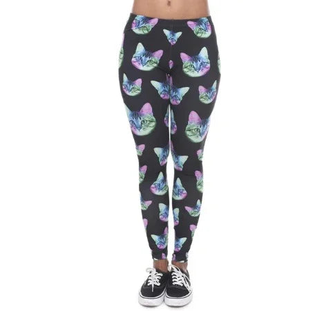 Black leggings with colorful cat face print, worn with black and white sneakers