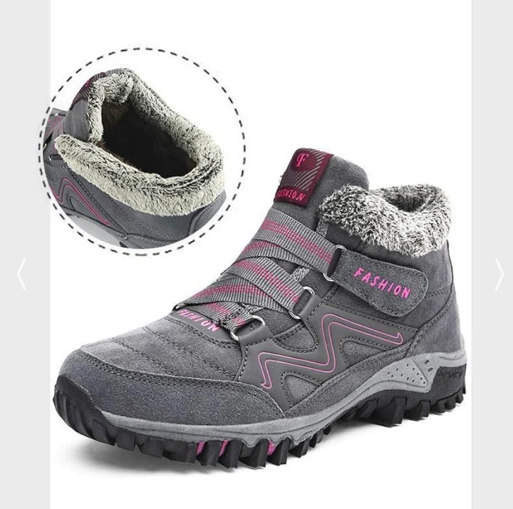 Gray and pink fashion winter hiking boots with faux fur lining and rugged soles