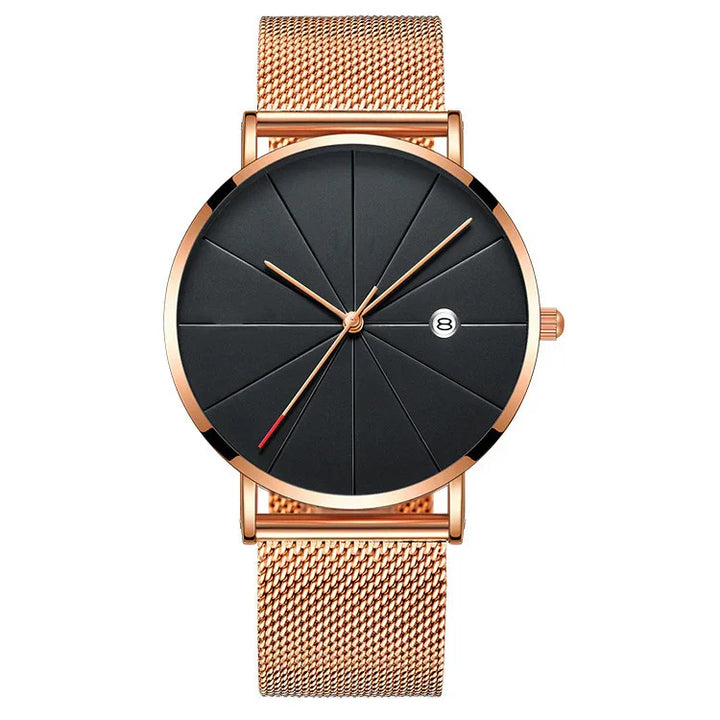 Rose gold mesh band wristwatch with black dial, minimalist design, date window at 3 o'clock