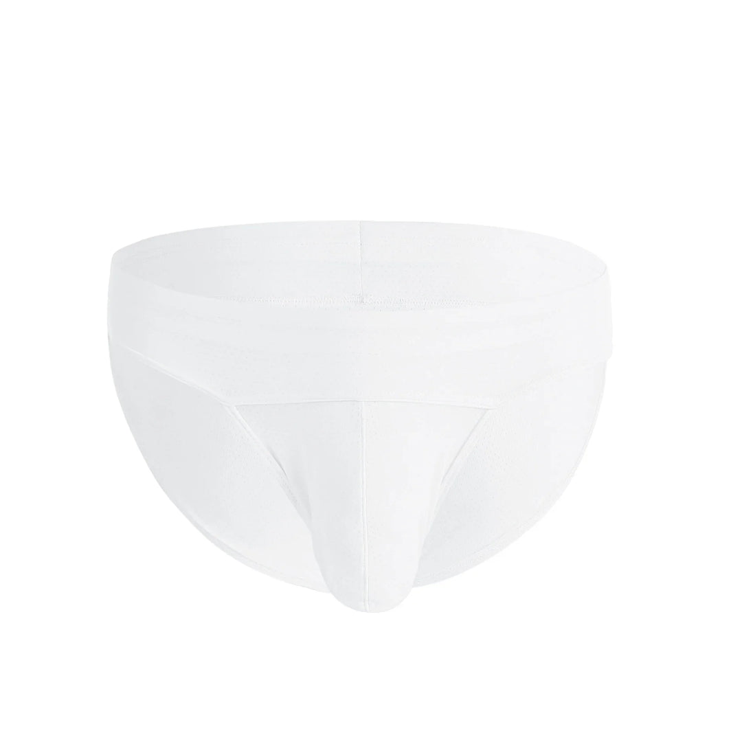 White men's cotton mesh brief underwear with a contoured pouch, isolated on white background