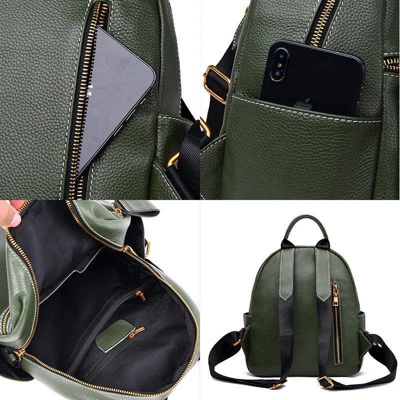 Dark green leather backpack with gold zippers, black straps, and multiple compartments including phone pockets