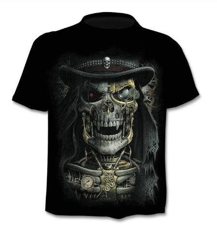 Black t-shirt featuring a steampunk mechanical skeleton wearing a cowboy hat and watch gear elements