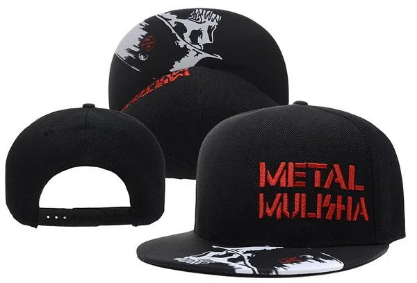 Black snapback cap with red Metal Mulisha logo on front and white skull graphic on flat brim