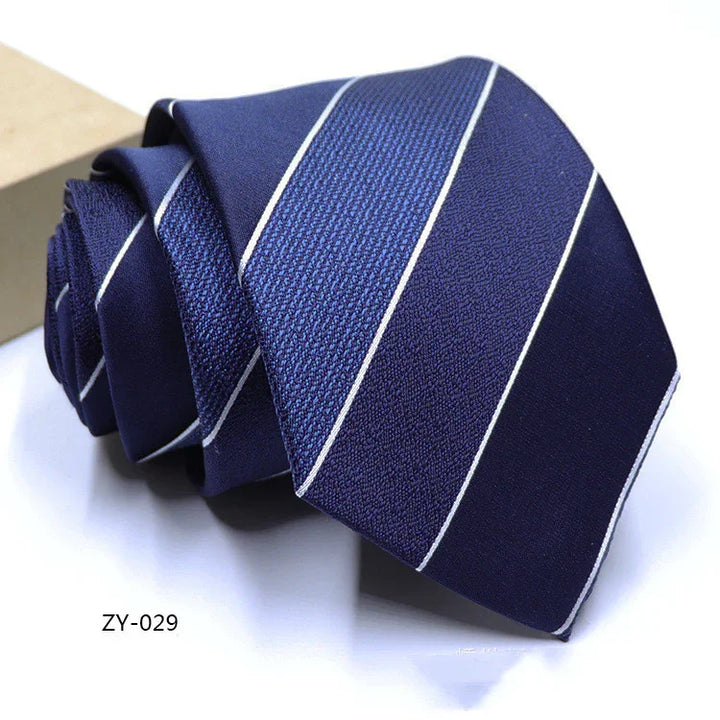 navy blue men's necktie with diagonal white stripes and textured fabric, model ZY-029