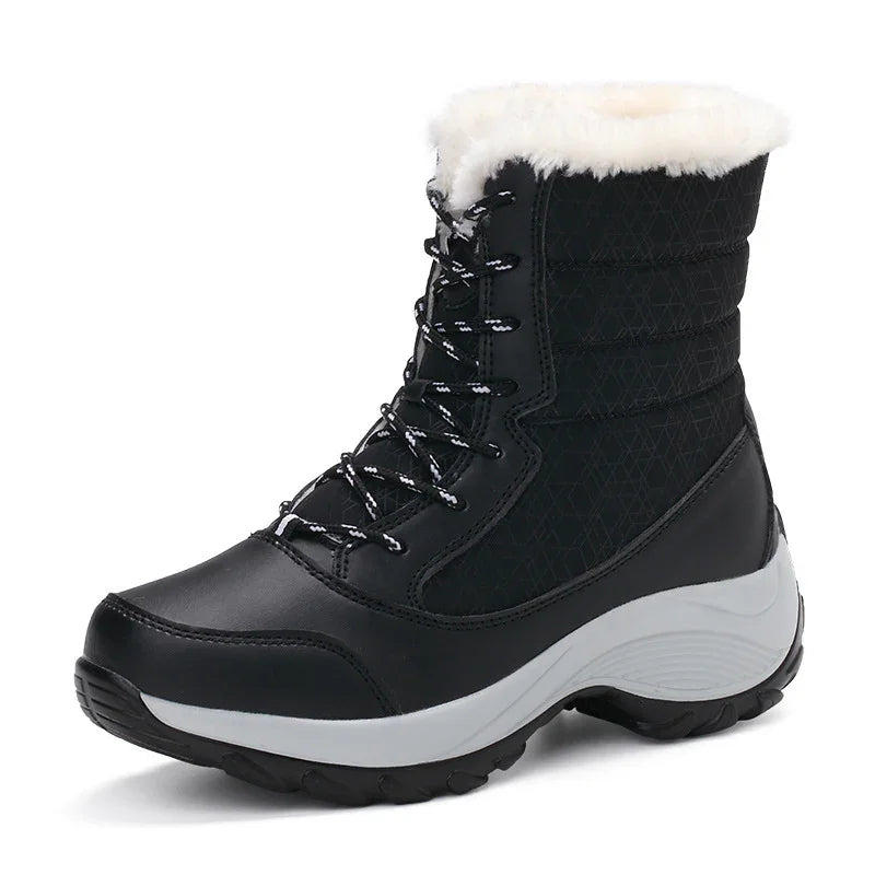 Black winter snow boot with white fur lining, lace-up front, and durable tread sole