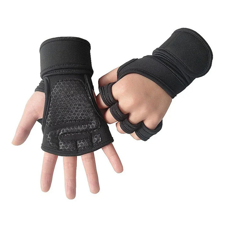 Black wrist wraps with fingerless gloves featuring padded palms for fitness and boxing training