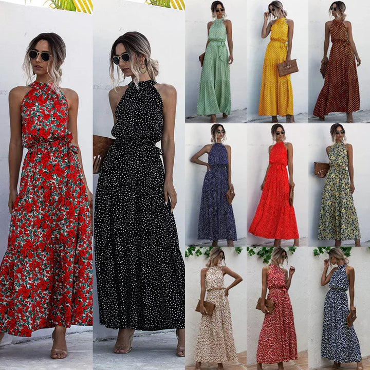 Women modeling sleeveless polka dot and floral halter maxi dresses in various colors with sunglasses and handbags