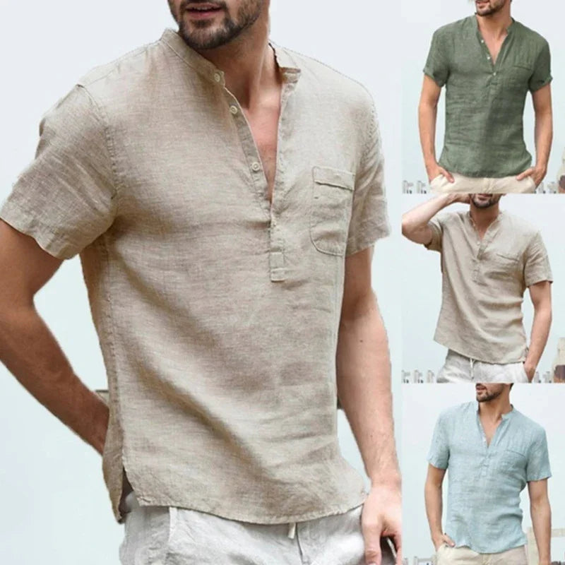Men's casual short sleeve linen shirt with mandarin collar and chest pocket in beige, green, cream, and light blue