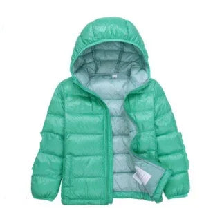 Light green puffer jacket with hood, front zipper open showing light gray lining