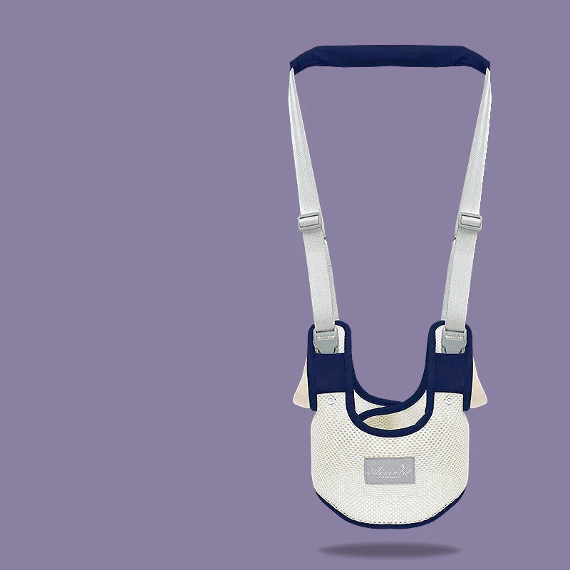 Adjustable baby walking harness in white mesh and navy blue with padded shoulder straps