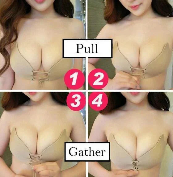 Step-by-step demonstration of nude push-up bra adjustment showing pull and gather for enhanced cleavage