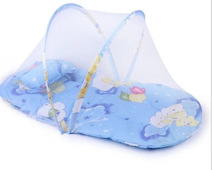 Blue baby mattress with cartoon cloud patterns and mesh mosquito net tent for infant sleep protection