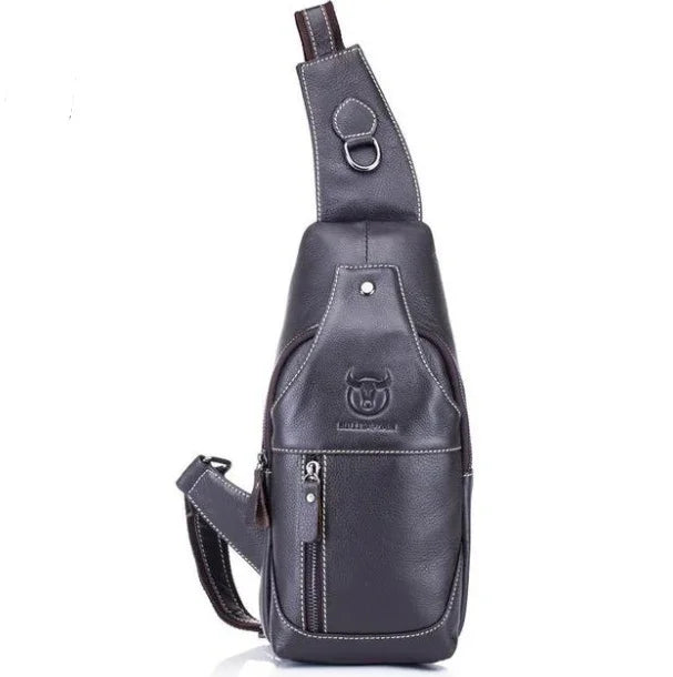 Black leather sling bag with front zip pocket and embossed bull logo