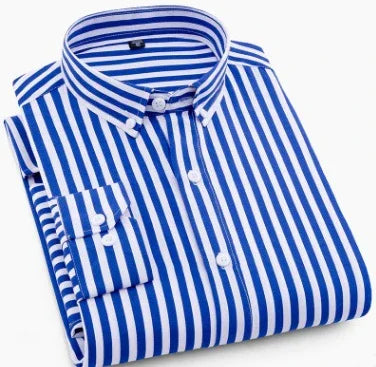 Folded blue and white vertical striped dress shirt with button-down collar