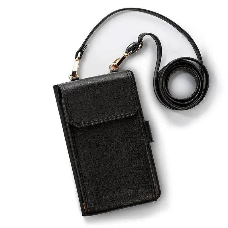 Black leather phone crossbody bag with flap and long adjustable strap on white background