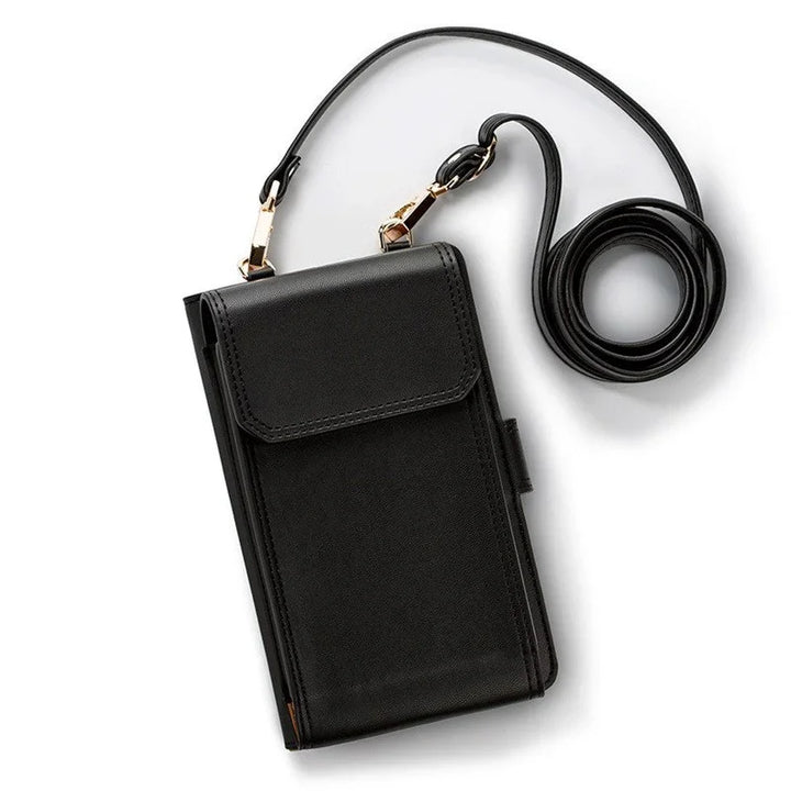Black leather phone crossbody bag with flap and long adjustable strap on white background