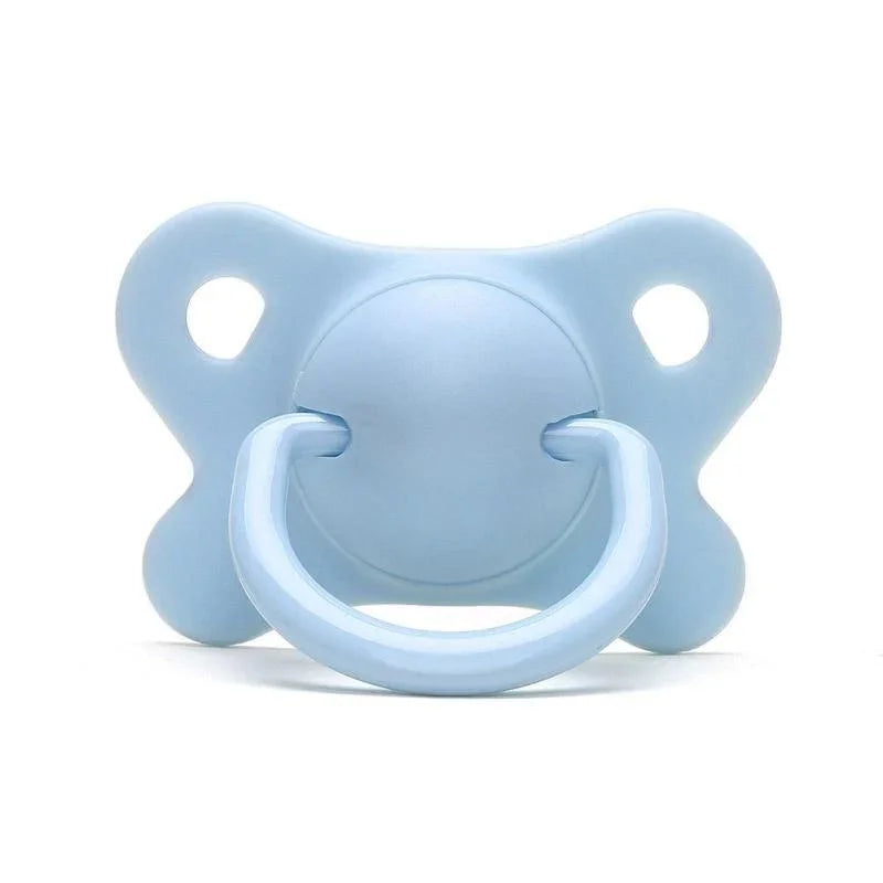 Light blue baby pacifier with butterfly-shaped guard on white background
