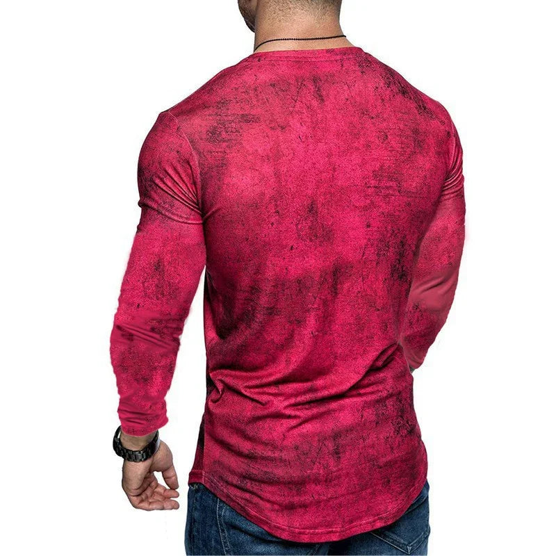 Man wearing fitted long-sleeve red distressed textured shirt with blue jeans, viewed from back
