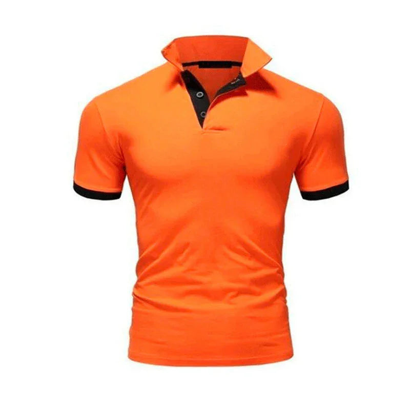 Bright orange short-sleeve polo shirt with black button placket and black sleeve cuffs