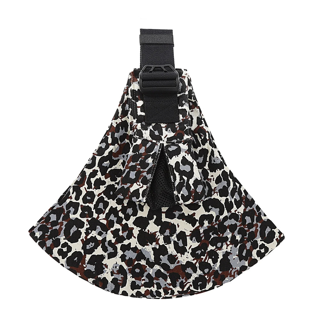 Leopard print dog harness with black buckle and adjustable strap