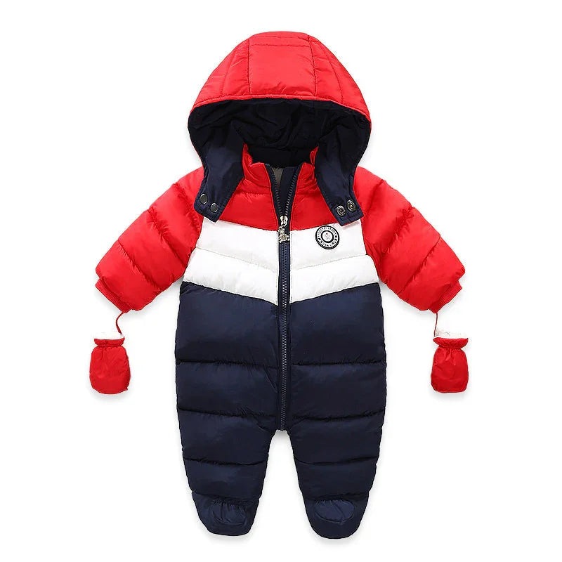 Red, white, and navy blue padded baby winter jumpsuit with attached mittens and hood