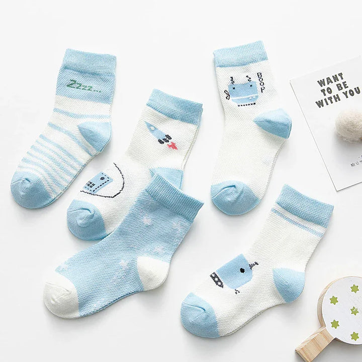 Set of five baby socks in light blue and white with playful space and robot designs