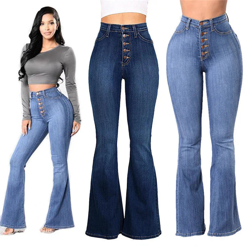 High-waisted flared jeans in light and dark denim with button fly, modeled and displayed front view