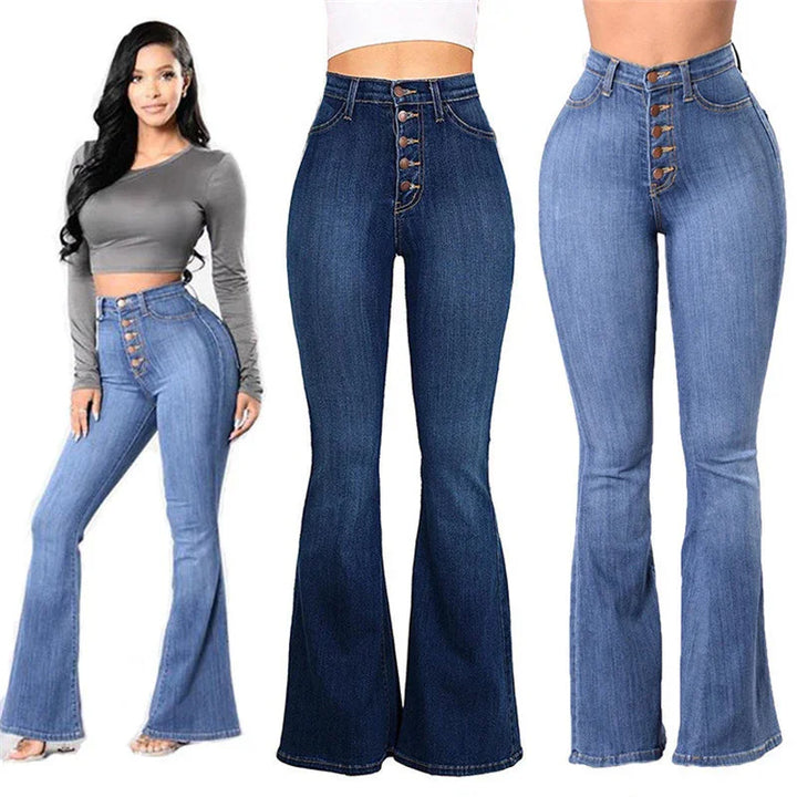 High-waisted flared jeans in light and dark denim with button fly, modeled and displayed front view