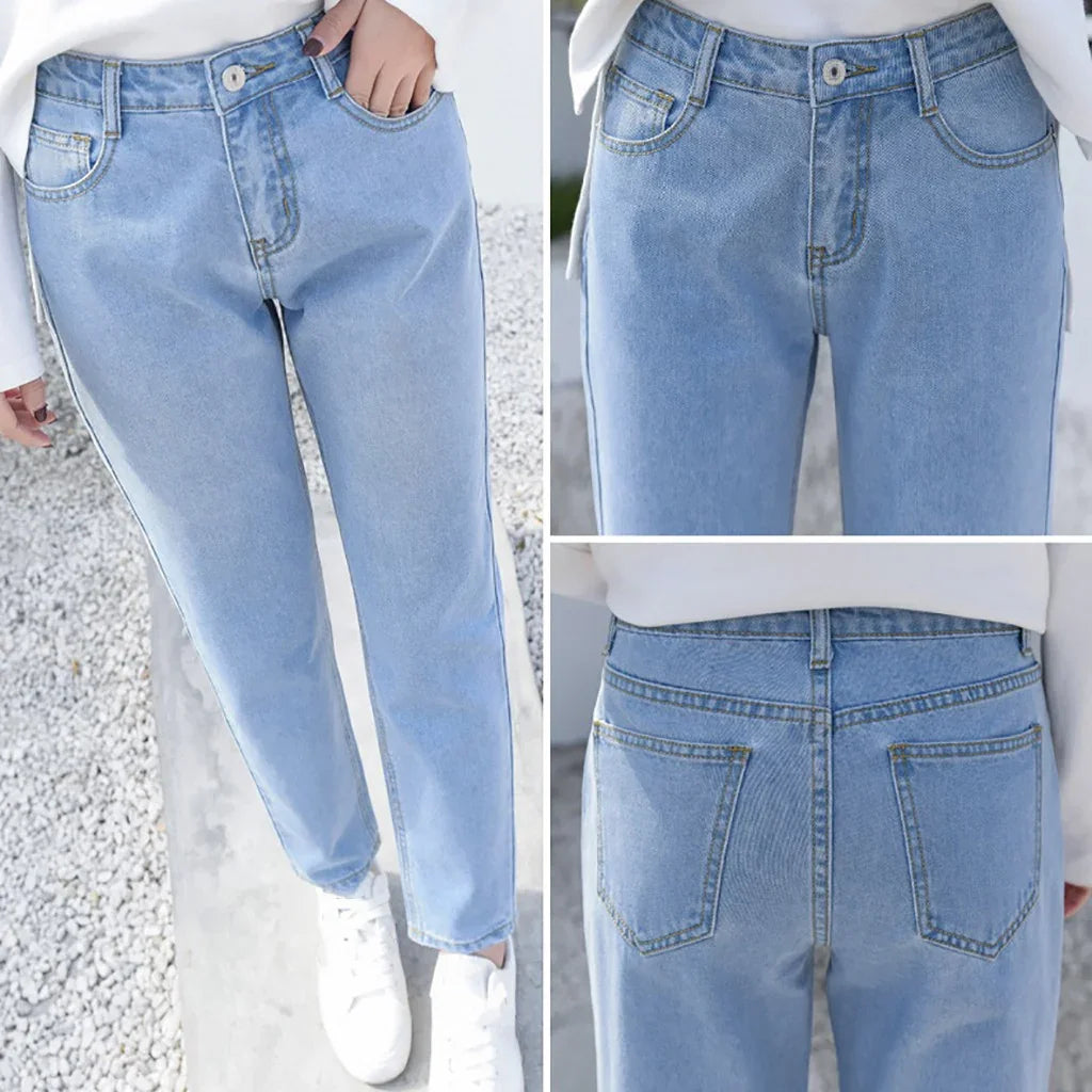 Light blue straight-leg denim jeans with front pockets, back patch pockets, and white sneakers
