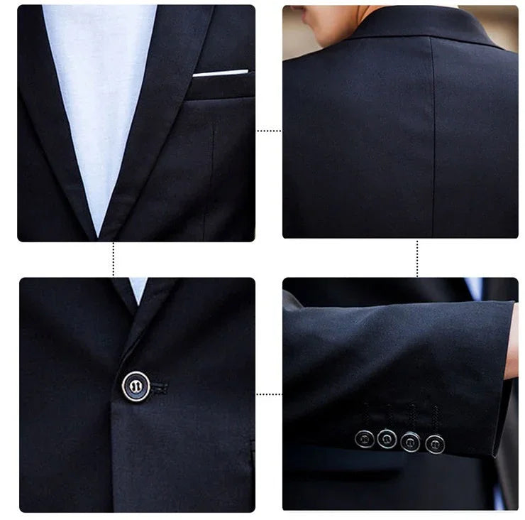 Close-up details of a black men's blazer jacket including lapel, back collar, single front button, and four cuff buttons
