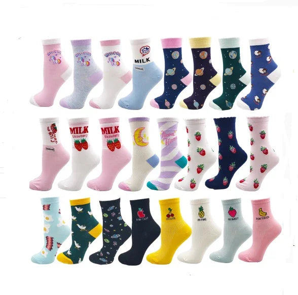 Colorful women's crew socks with patterns including milk cartons, strawberries, planets, moons, animals, and fruits in multiple vibrant designs