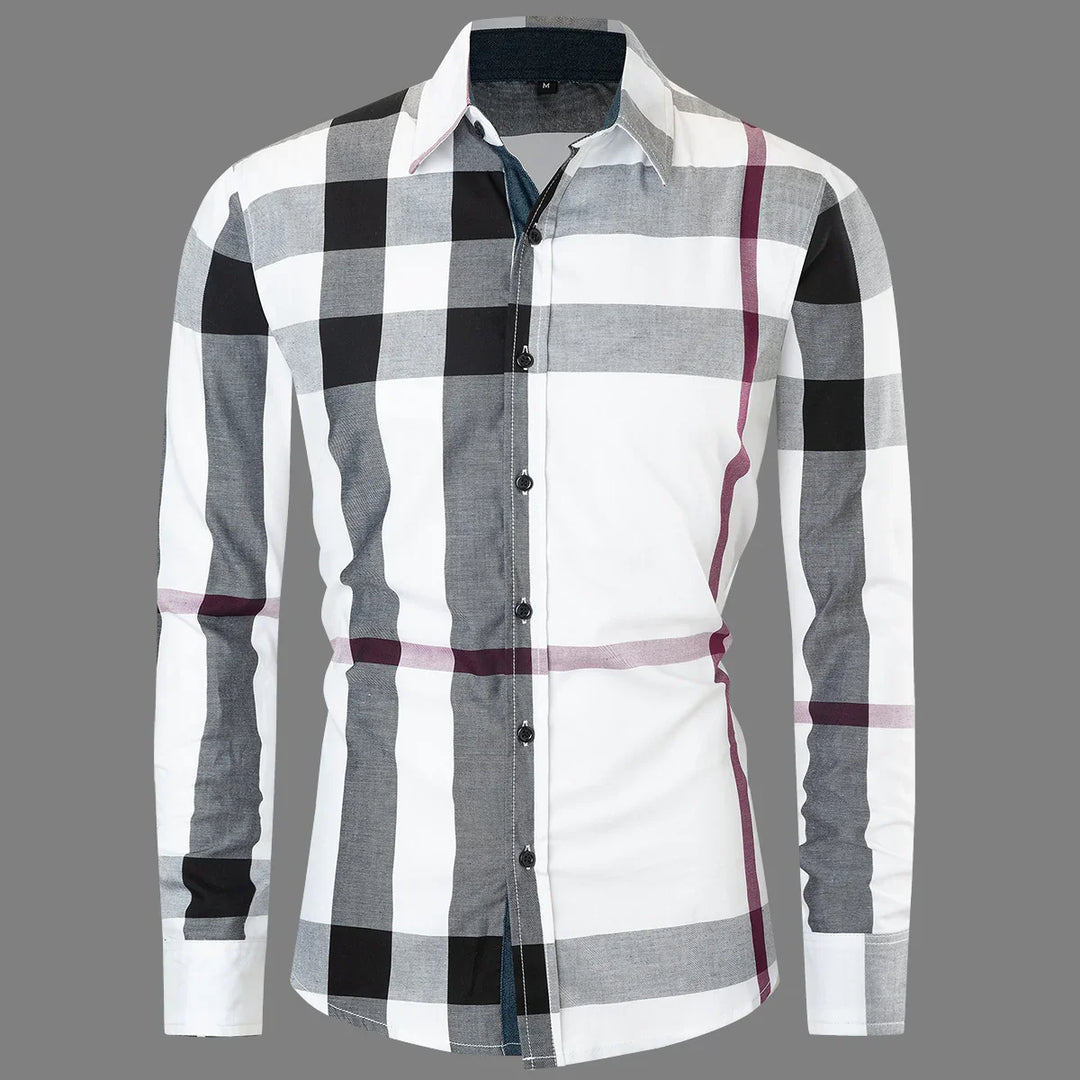 Men's slim fit plaid button-up shirt with black, white, gray, and maroon pattern on gray background